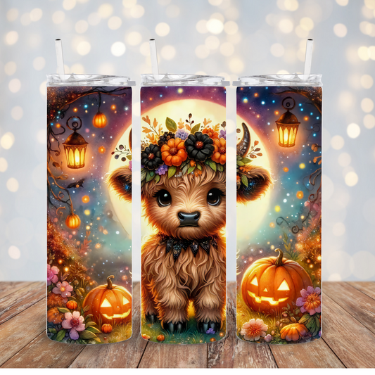 Halloween Highland Cow floral crown Tumbler Transfer