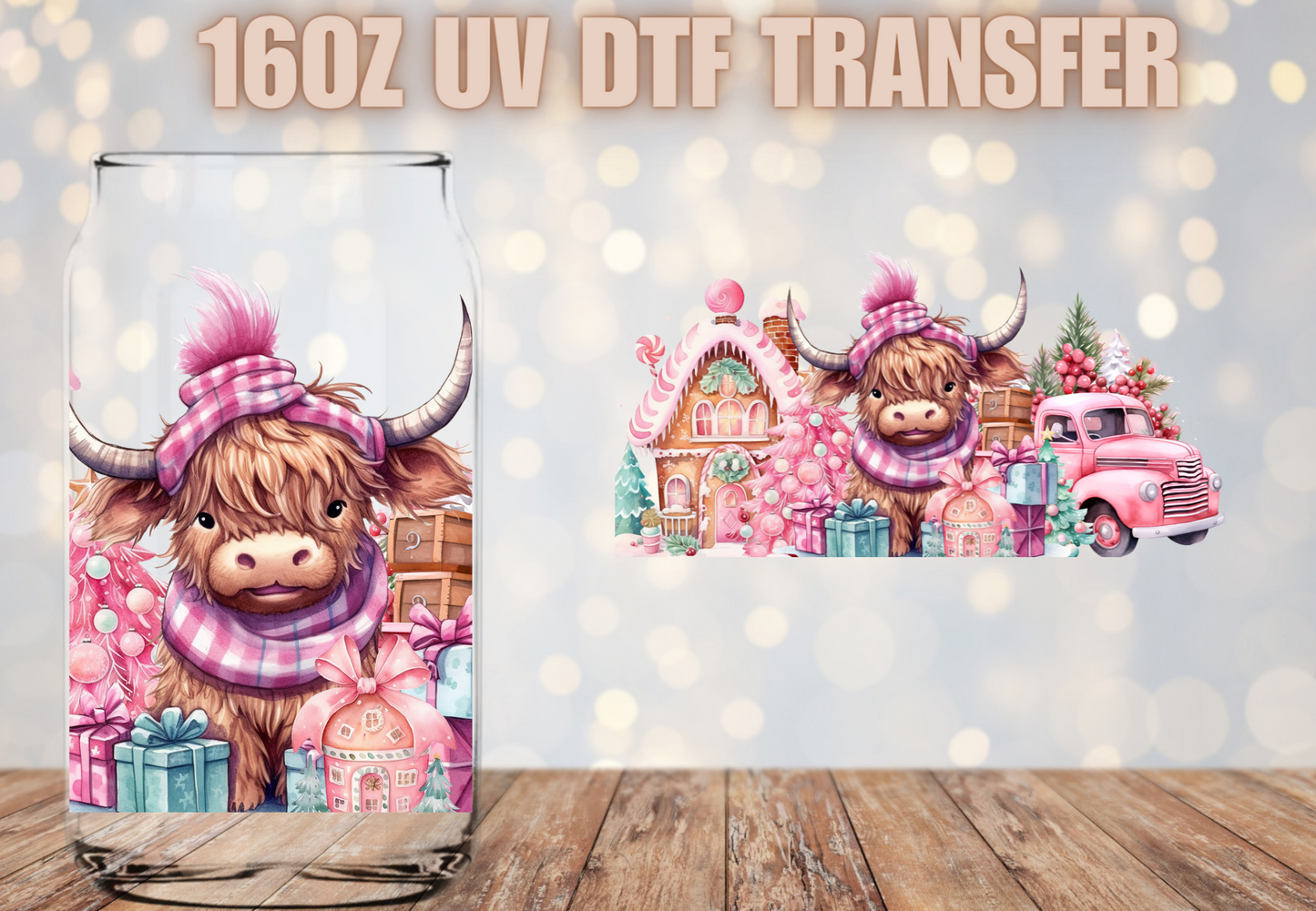 PINK Christmas highland cow UV DTF