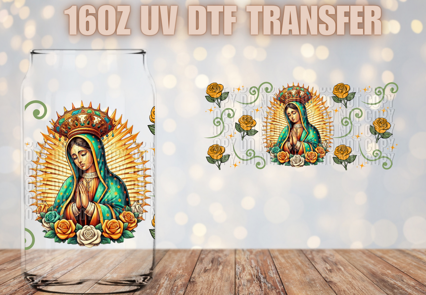Lady of Guadalupe Gold roses UV DTF