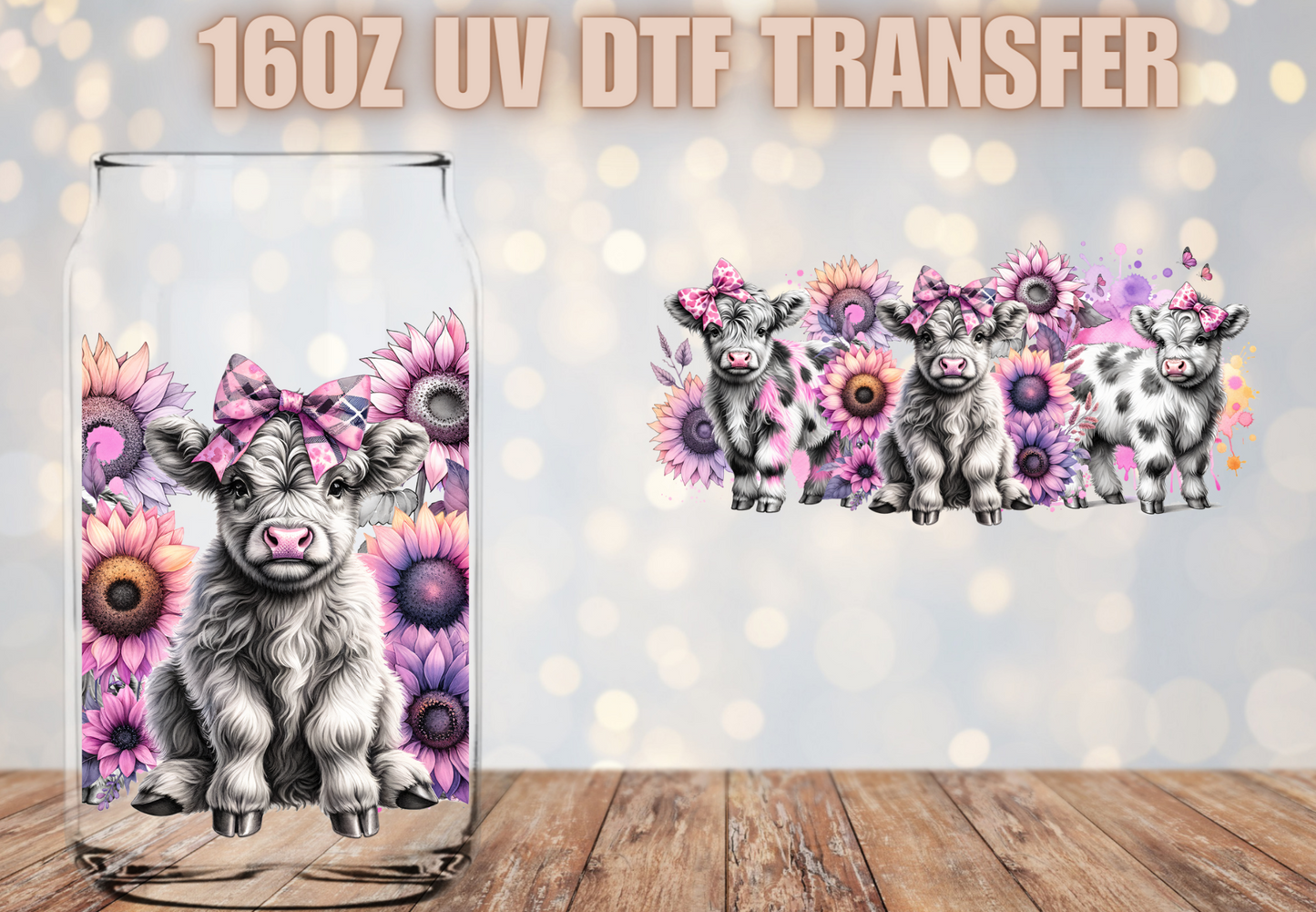 Lavender Pink highland cows UV DTF Wrap