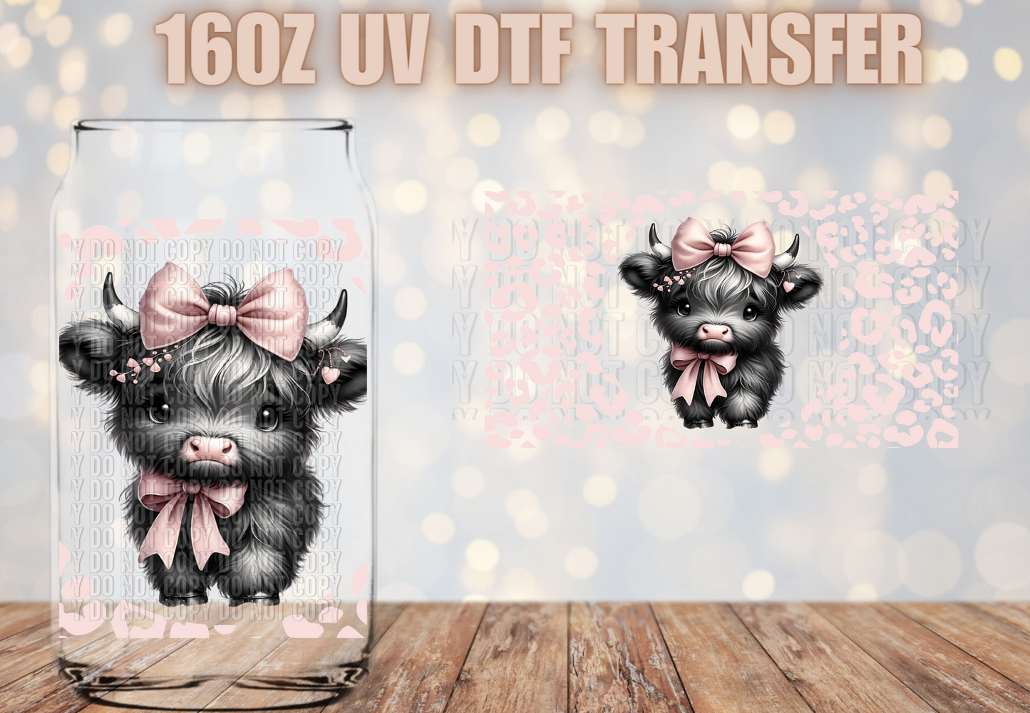 Highland Cow pink leopard UV DTF