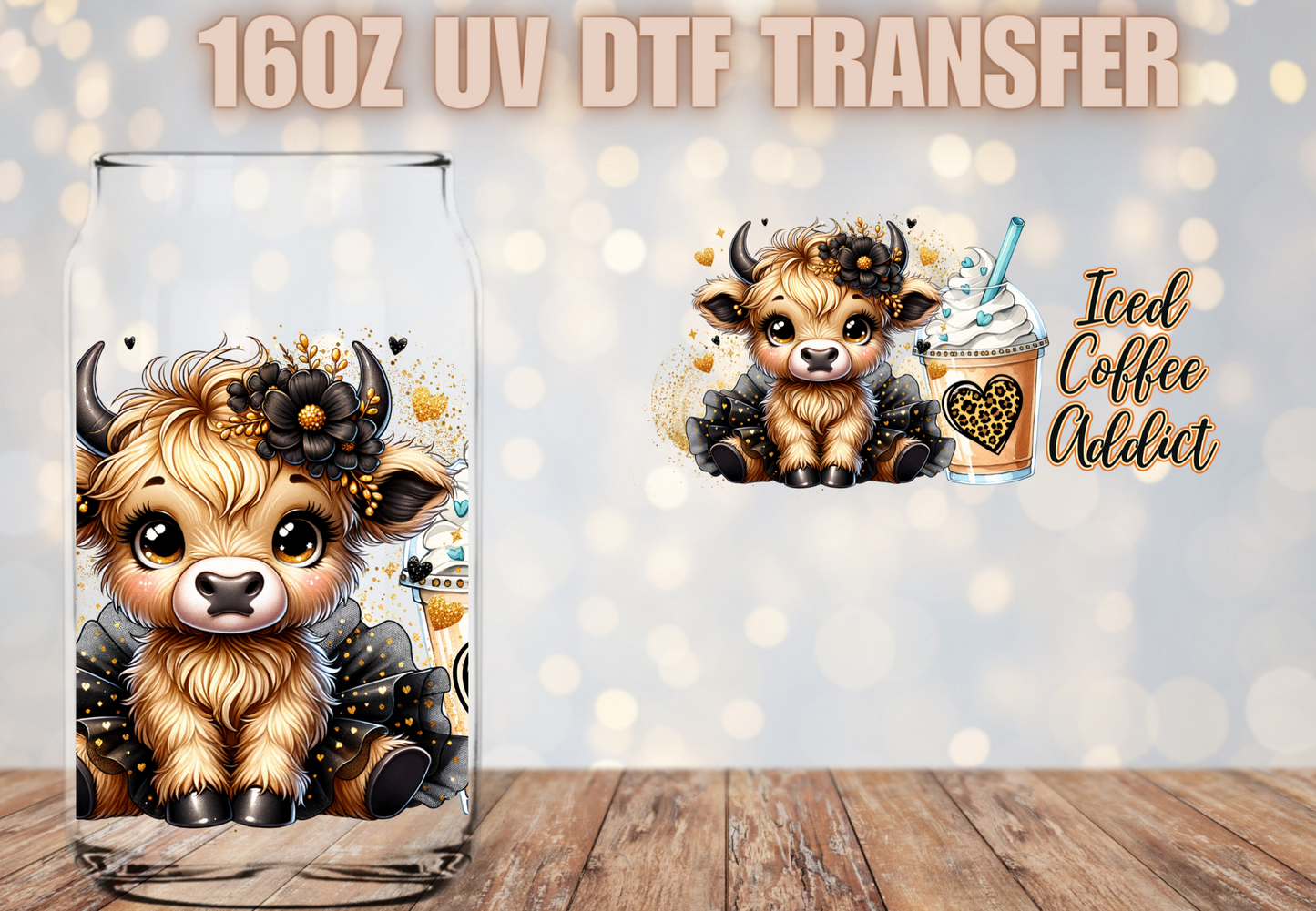 Iced coffee addict highland cow UV DTF Wrap
