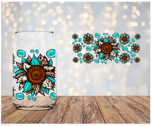 Turquoise Leopard Sunflower UV DTF wrap