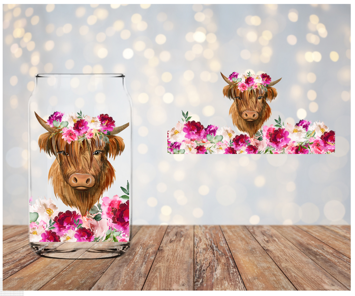 Pink Floral Highland cow UV DTF wrap