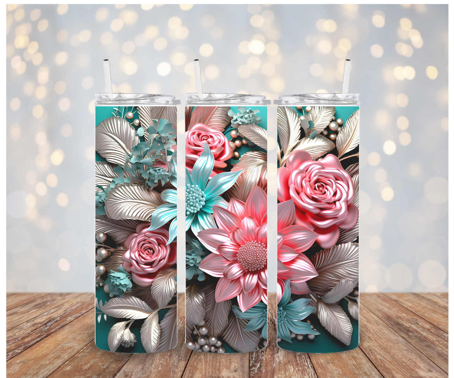 3D Aqua Pink Floral Sublimation Transfer