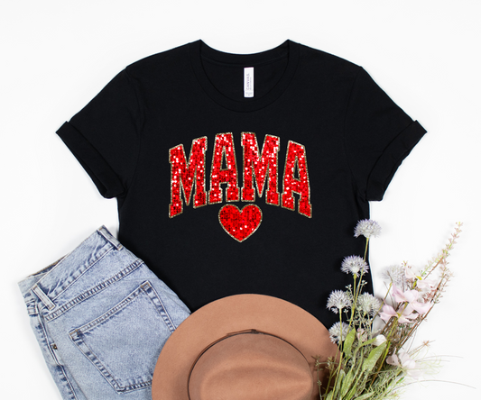 Mama red heart faux sequin Clear Film Screen Print