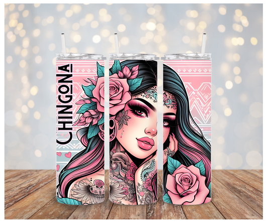 Chingona Pink rose girl Tumbler transfer