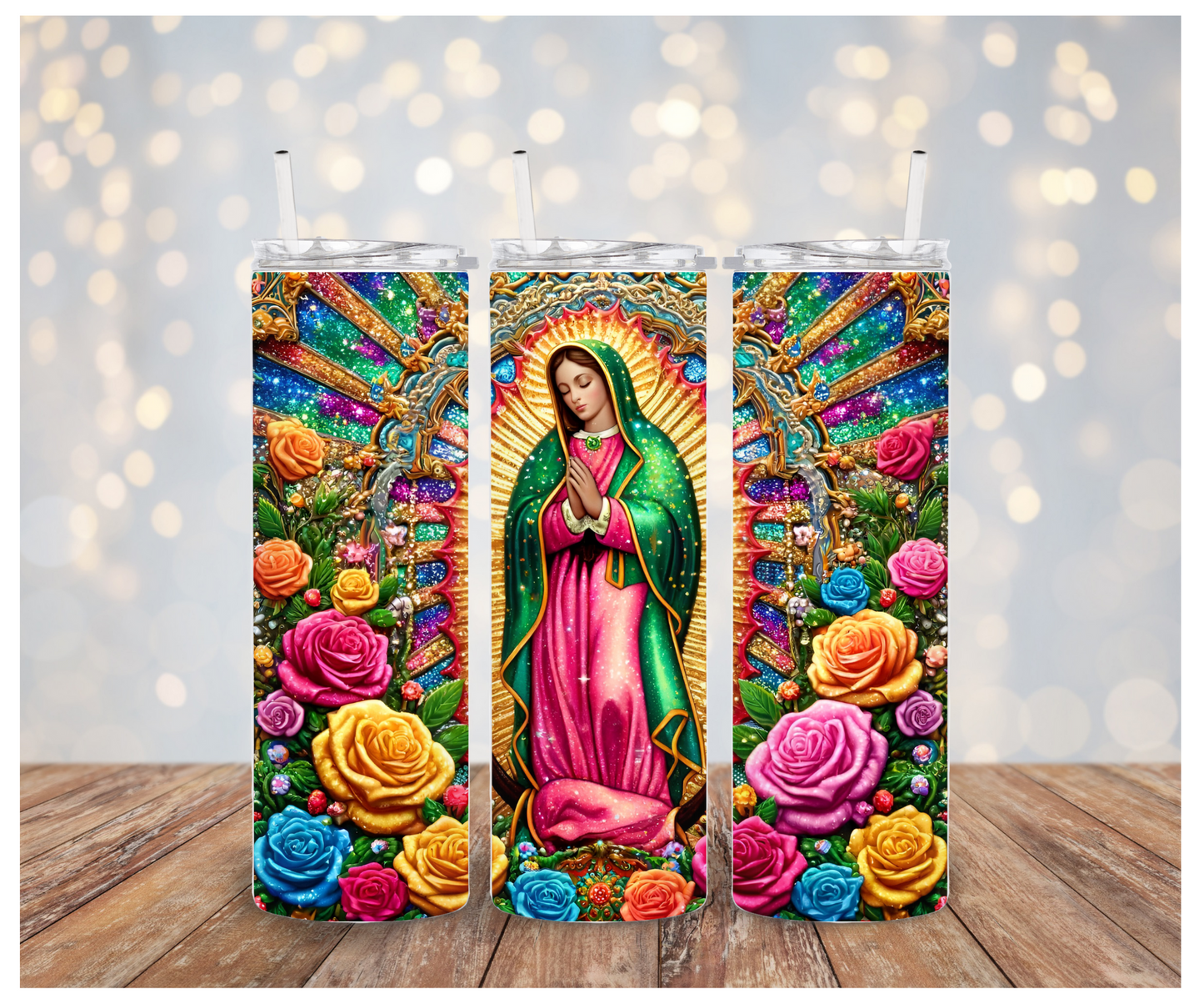 Rainbow floral Virgen Tumbler transfer