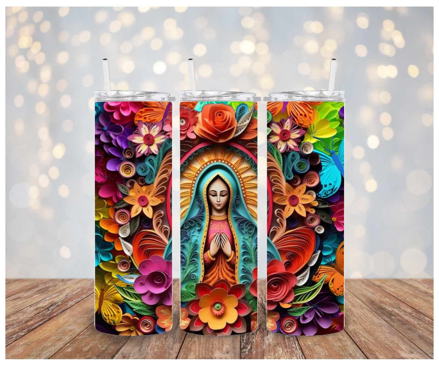 3D Virgen Maria colorful flowers Sublimation Wrap