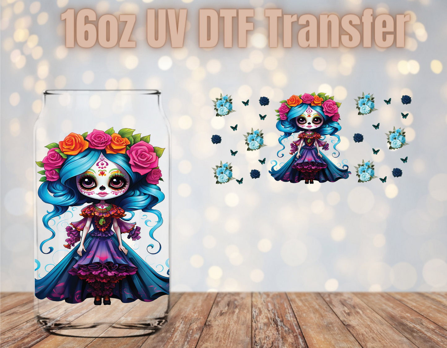 Blue Floral Catrina UV DTF Wrap