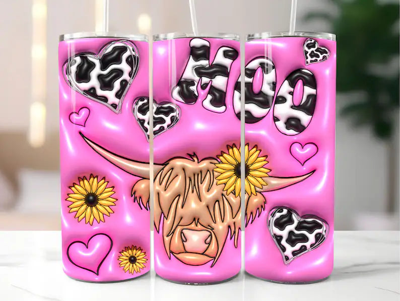 3D Moo Highland cow pink Sublimation Wrap