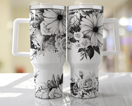 Black and white floral 40oz Quencher Sublimation Transfer