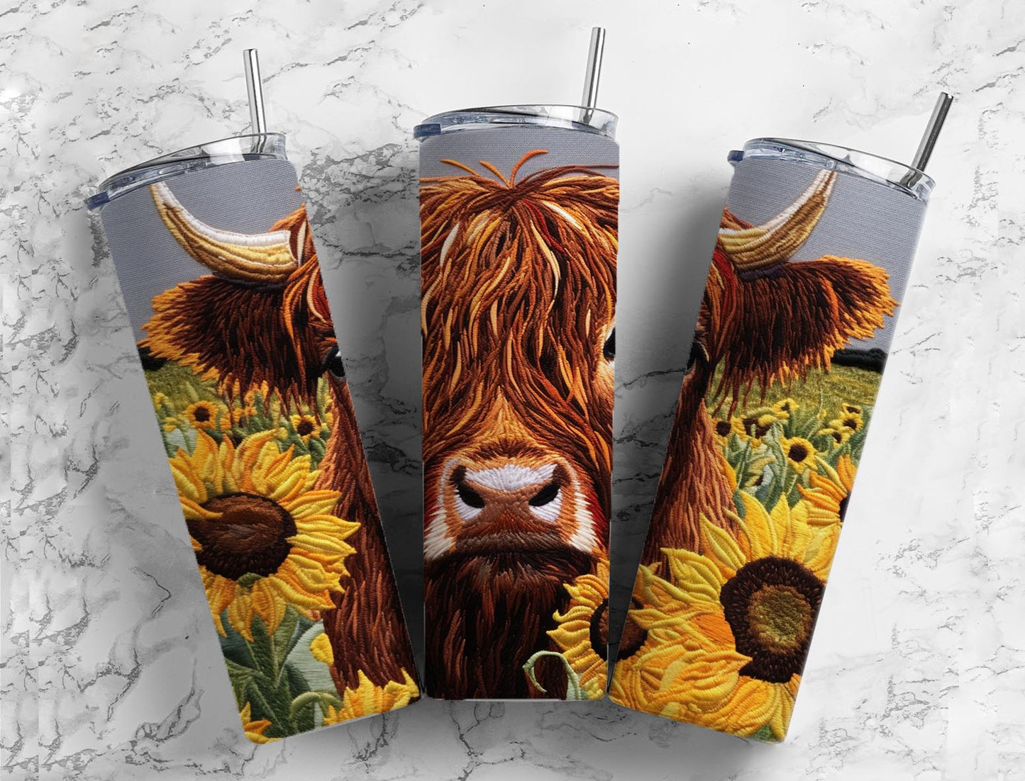 Embroidered Sunflower Highland Cow  Vinyl Wrap