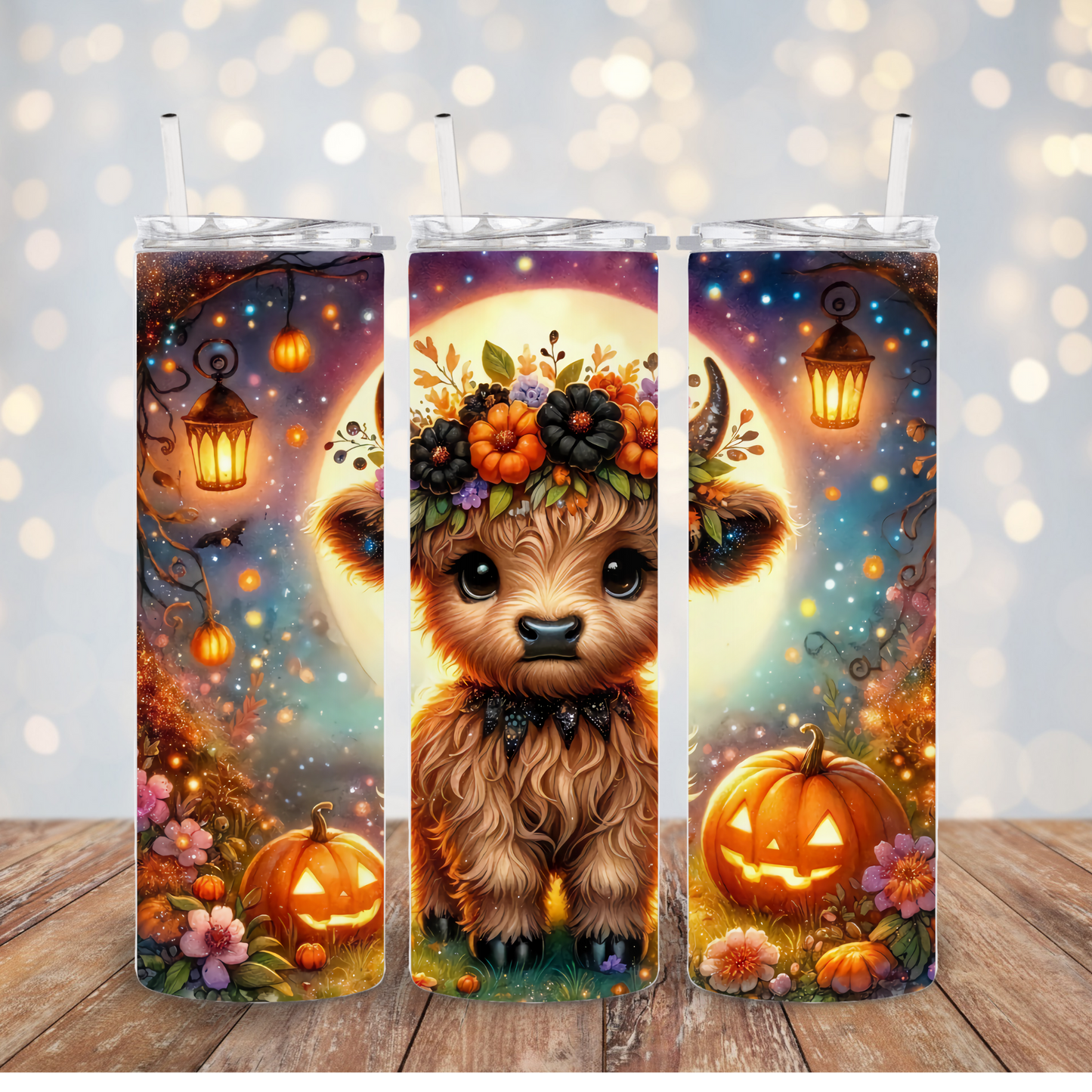 Halloween Highland Cow floral crown  Tumbler Transfer