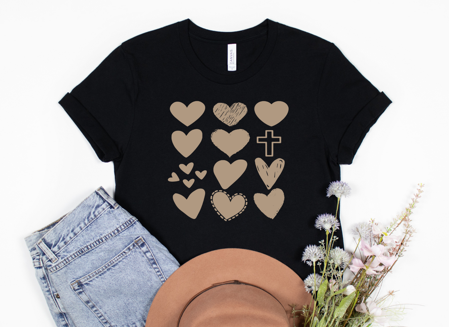 Tan Doodle hearts and cross