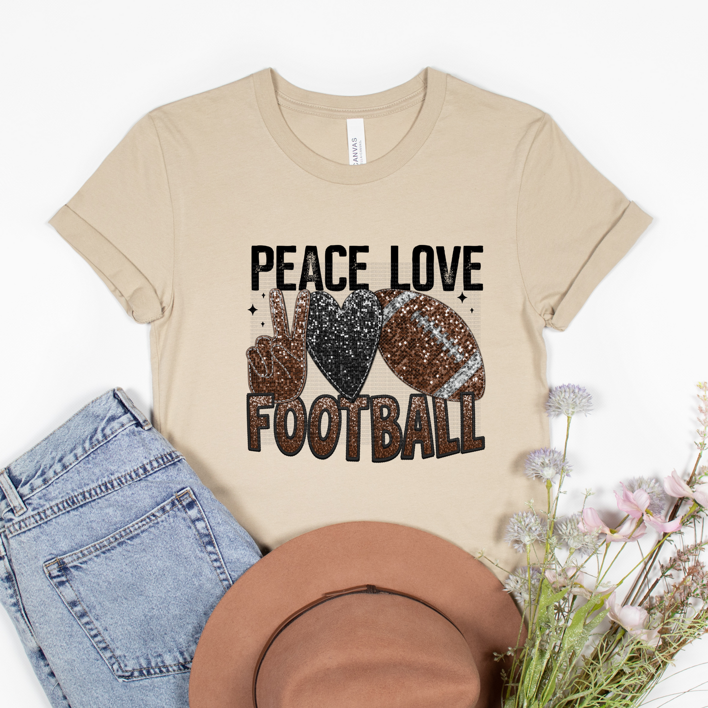 Peace love football faux sequin HTV