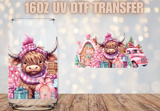 PINK Christmas highland cow UV DTF