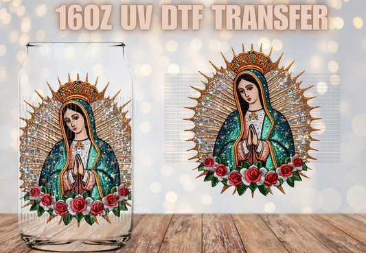 Lady Of Guadalupe faux glitter UV DTF DECAL