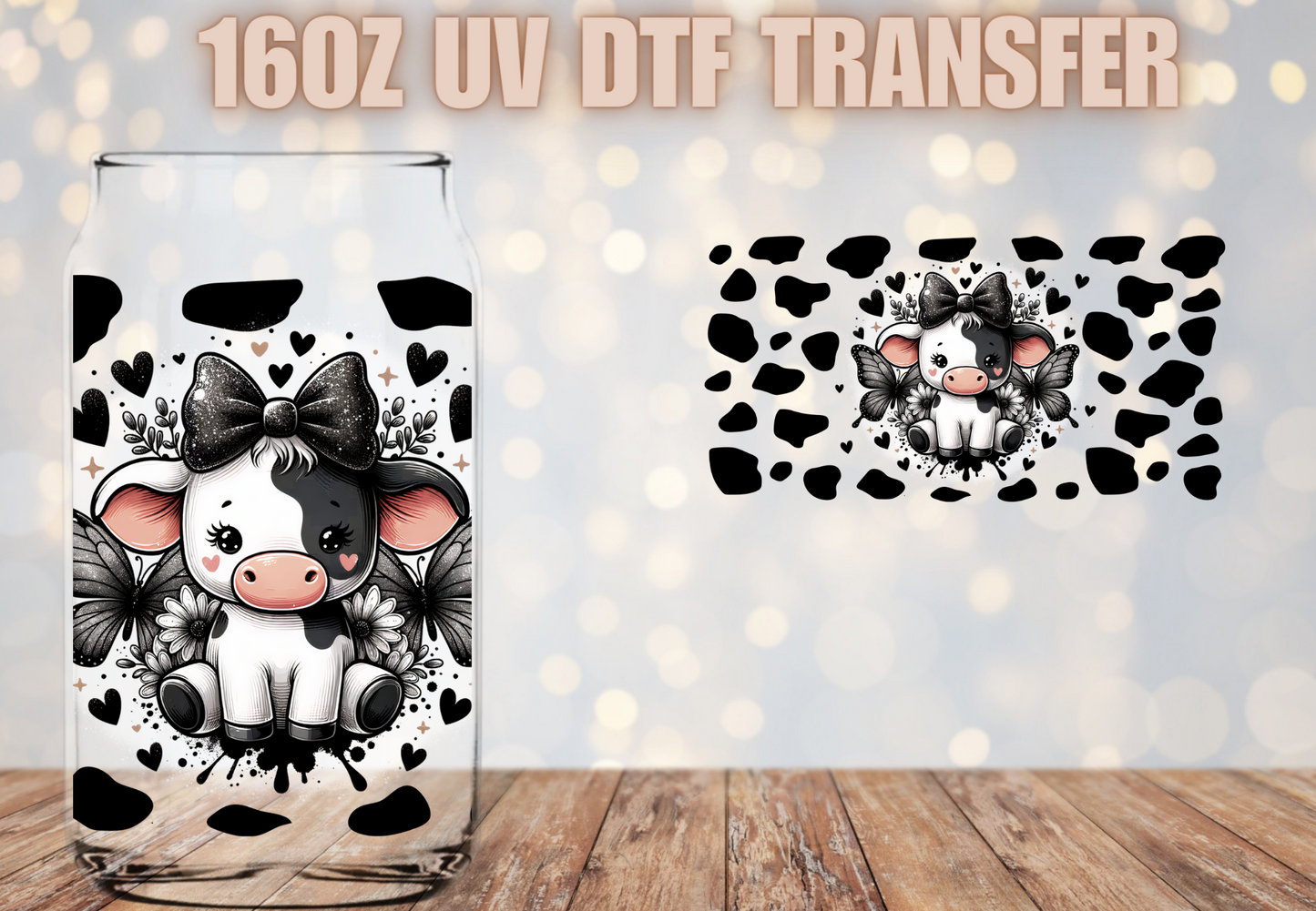 Black and white cute cow   UV DTF Wrap