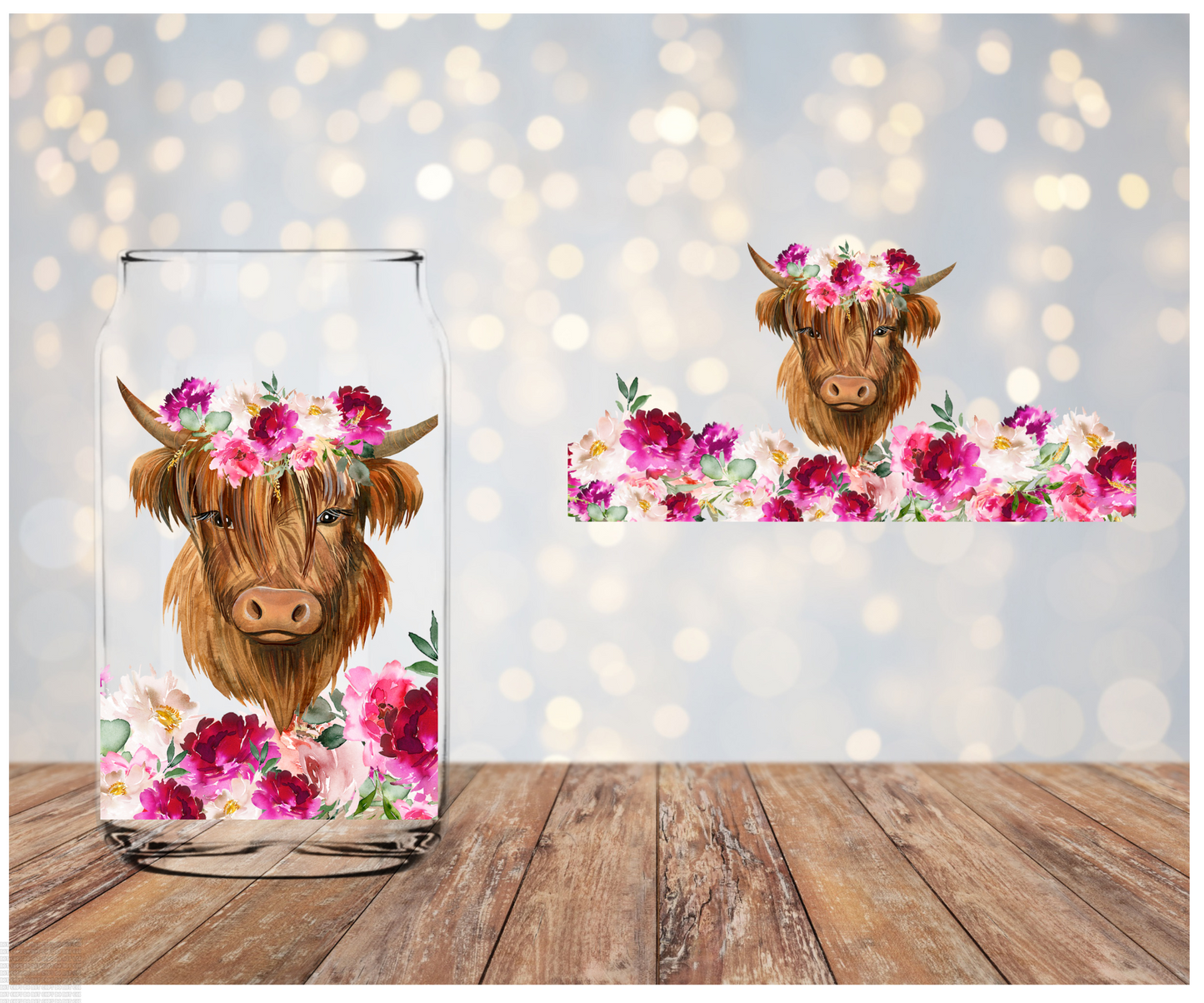 Pink Floral Highland cow  UV DTF wrap