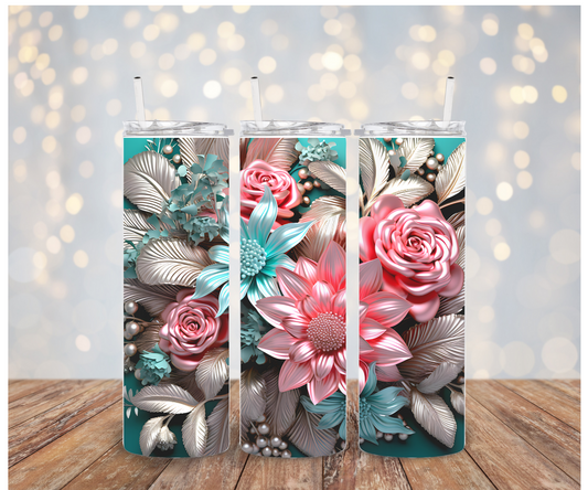 3D Turquoise Peachy flowers  Vinyl Wrap