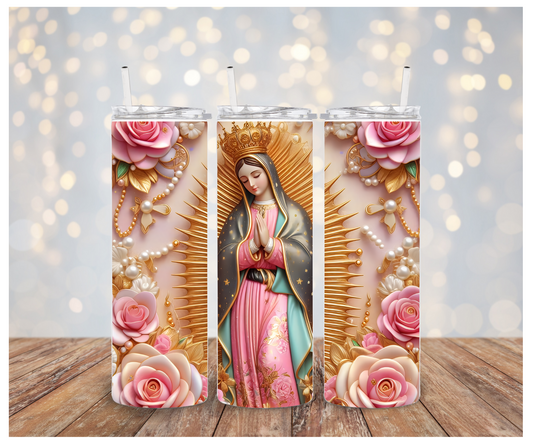 Gold Pink Roses Virgen Maria Sublimation Tumbler Transfer