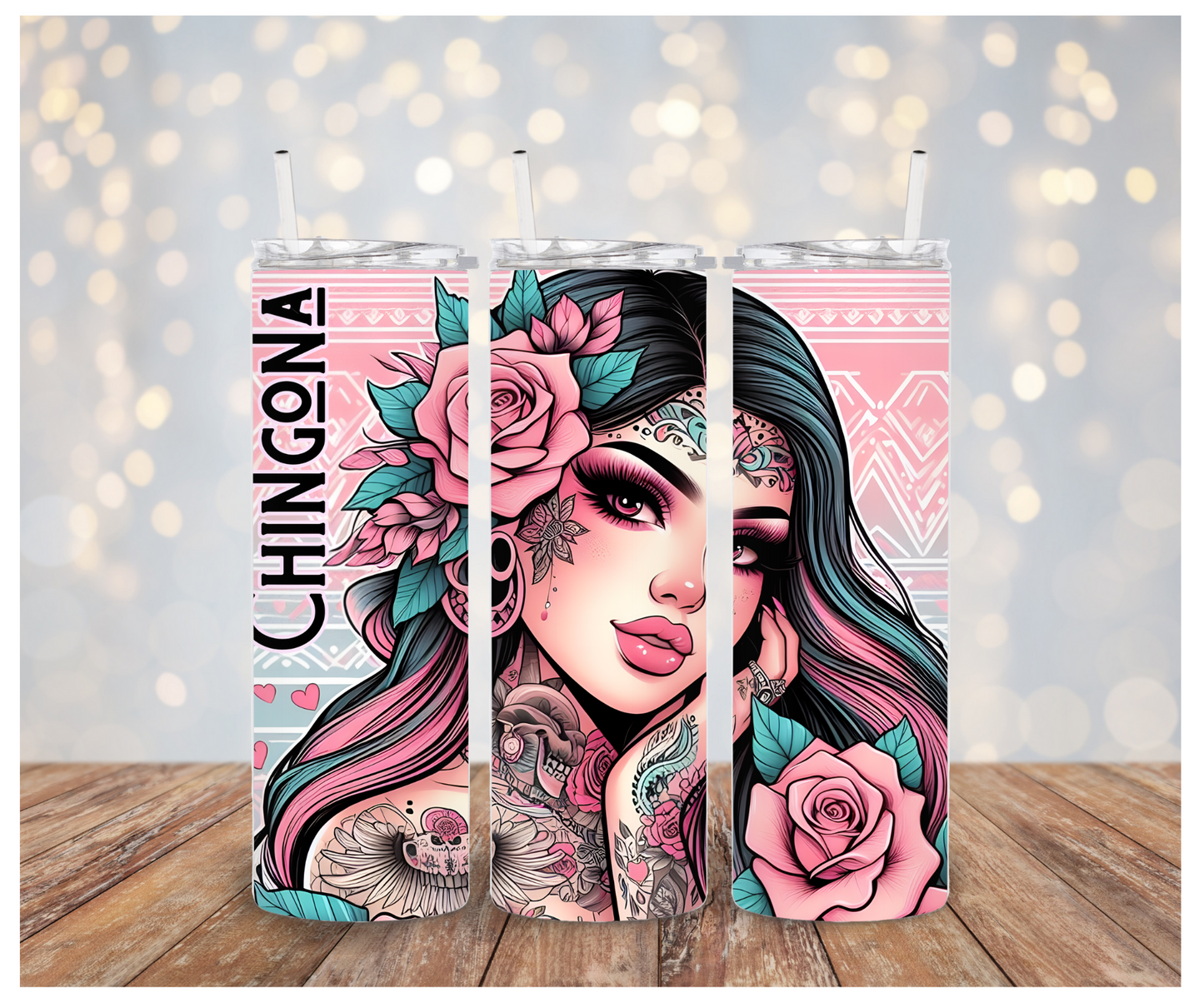 Chingona Pink rose girl   Tumbler transfer