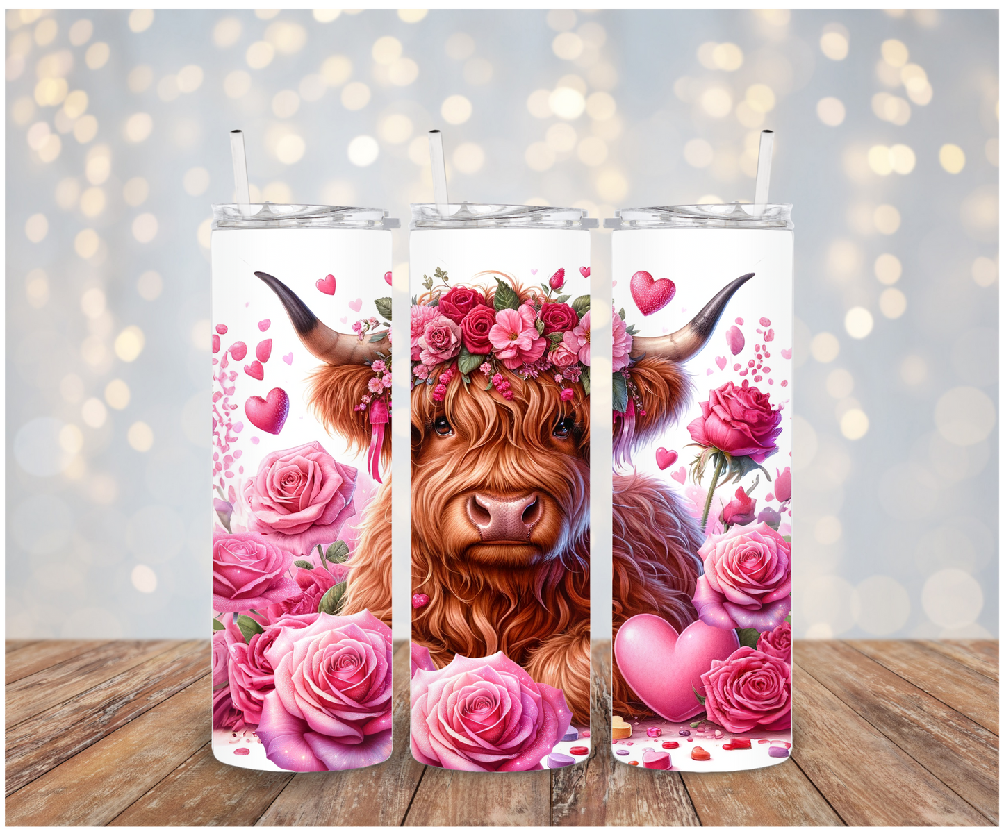 Valentine's Day Floral Highland Cow Adhesive Vinyl Wrap