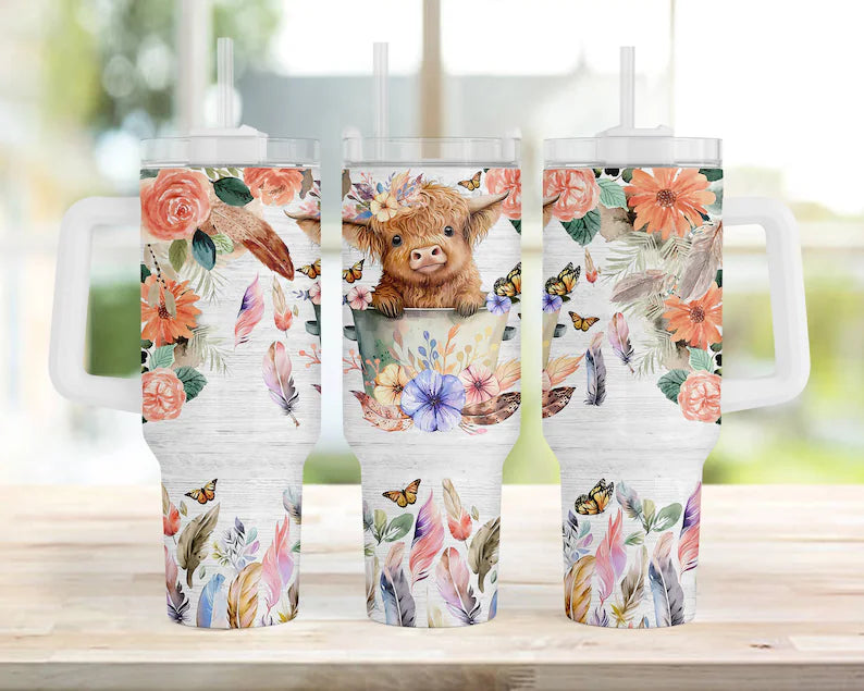 Peach Floral highland cow  40oz Quencher Sublimation Transfer