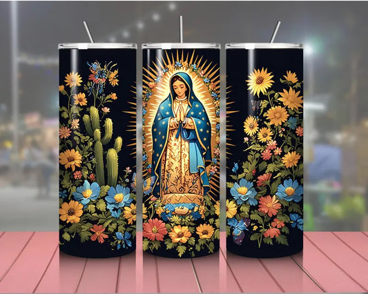 Virgensita Floral on black Tumbler transfer