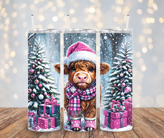 Xmas Highland cow pink Tumbler Transfer